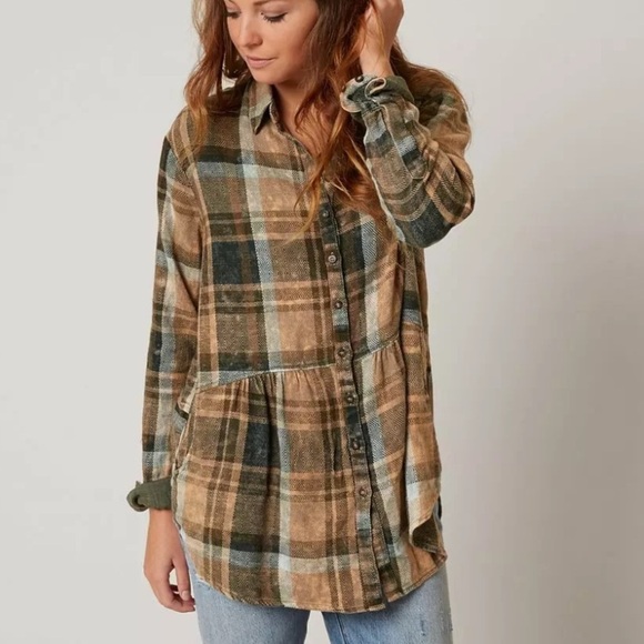 Free People easy street brown plaid oversized flannel shirt 37831 - Picture 1 of 8